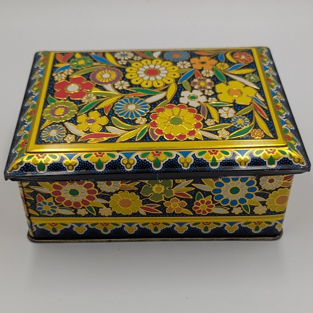 G.B. Tea Vintage Floral Tin Box Made in England Embossed Gold 6x4.5x2.5